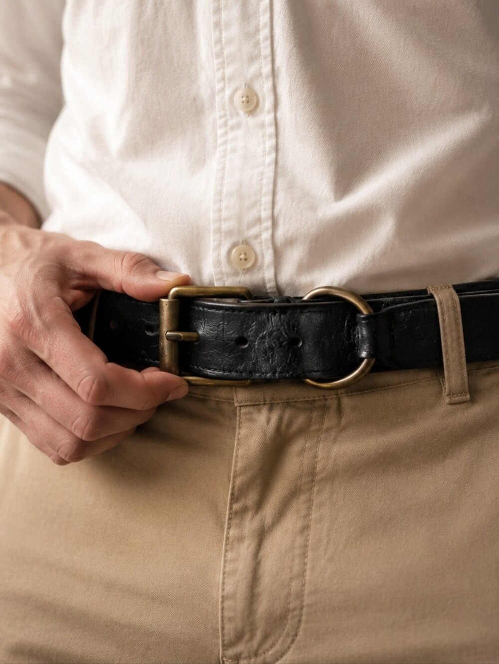 Vintage Leather Belt Black Distressed Brass Buckle Casual Workwear Moto Y2K